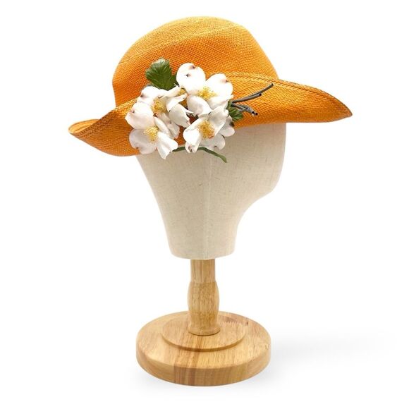 Vintage 1960s Madcaps Orange Straw Hat White Blossom Flower Pin Trim Wide Brim main image 11